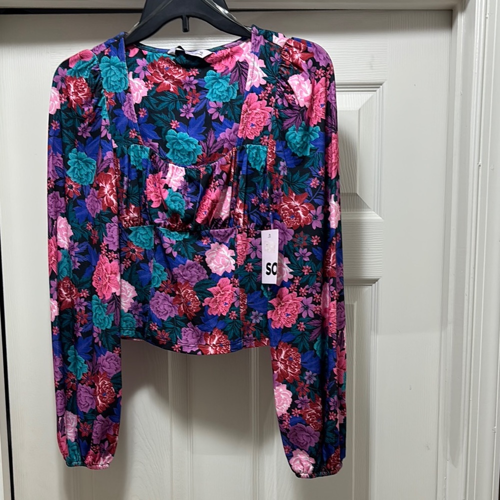 Blue and Pink Puff Sleeve Crop Blouse (NEW)